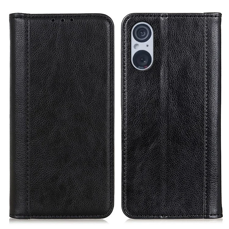 For Sony Xperia 5 V Split Leather Phone Case Wallet Stand Cover Litchi Texture Protection Shell - Black
