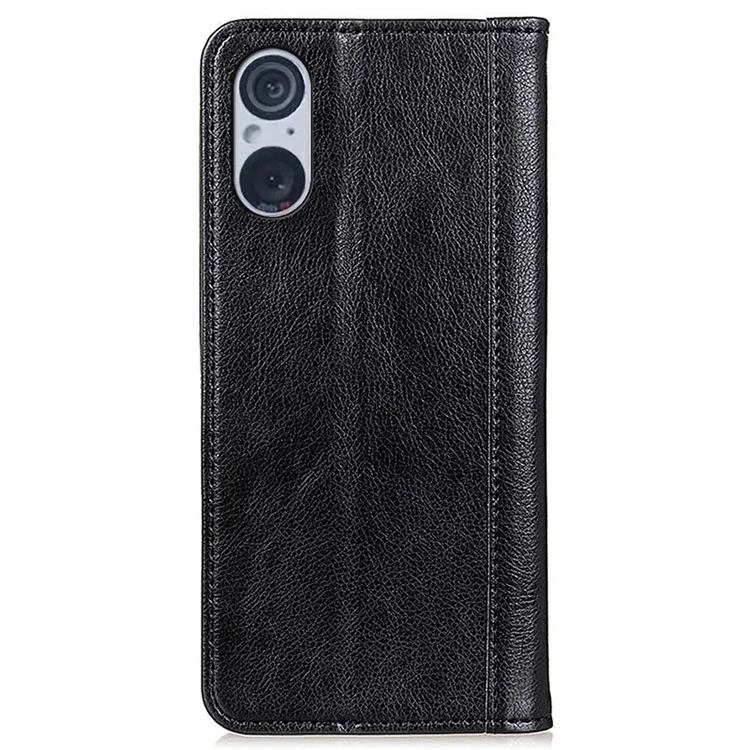 For Sony Xperia 5 V Split Leather Phone Case Wallet Stand Cover Litchi Texture Protection Shell - Black