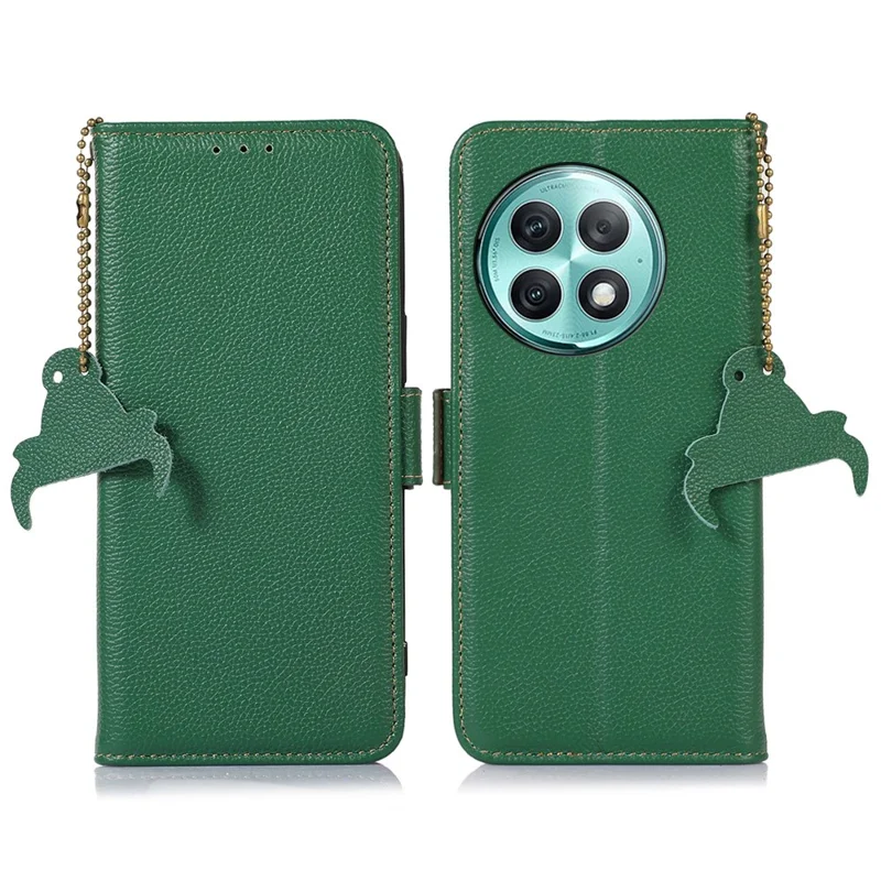 For OnePlus Ace 2 Pro 5G RFID Blocking Wallet Phone Case Genuine Cow Leather Litchi Texture Stand Cover - Green