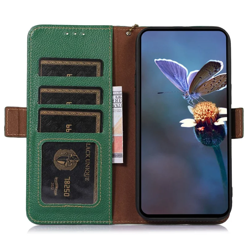 For OnePlus Ace 2 Pro 5G RFID Blocking Wallet Phone Case Genuine Cow Leather Litchi Texture Stand Cover - Green