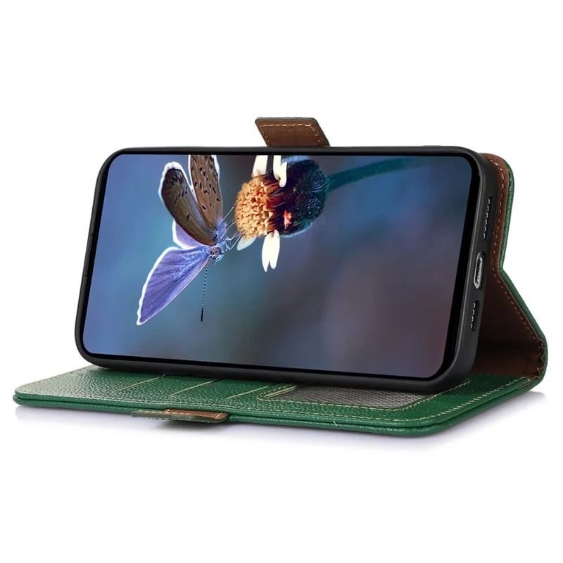 For OnePlus Ace 2 Pro 5G RFID Blocking Wallet Phone Case Genuine Cow Leather Litchi Texture Stand Cover - Green