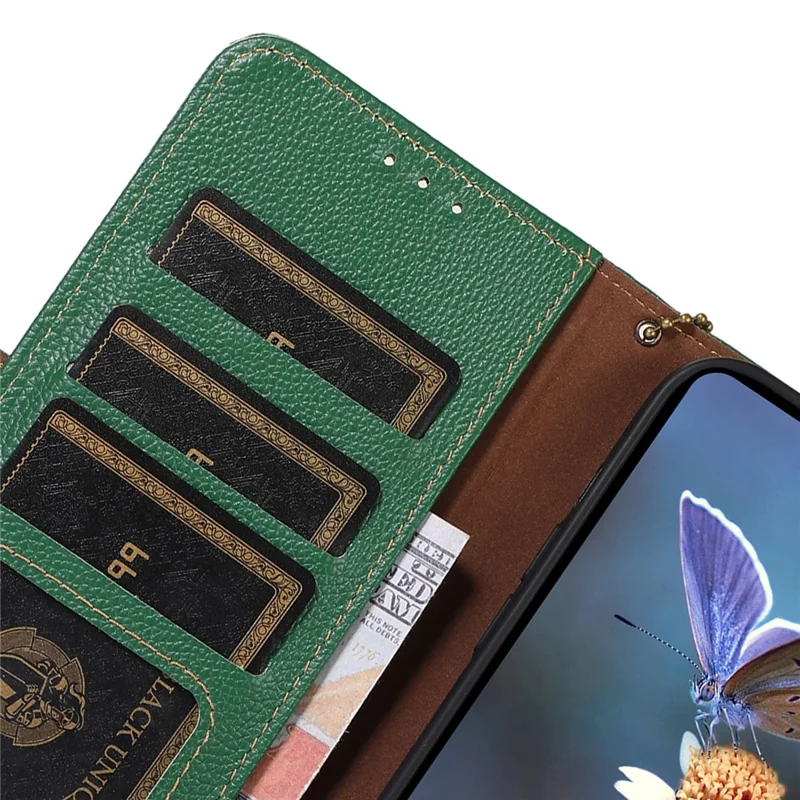 For OnePlus Ace 2 Pro 5G RFID Blocking Wallet Phone Case Genuine Cow Leather Litchi Texture Stand Cover - Green