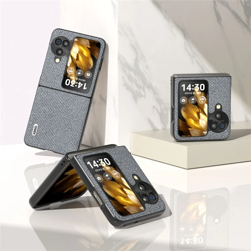 ABEEL Для Oppo Find N3 Flip 5G Обложка для телефона из ПУ-кожи + жесткий ПК-корпус с текстурой из страз - серая 