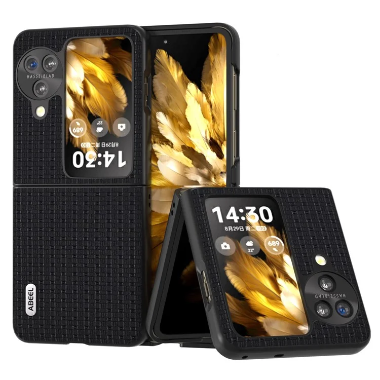ABEEL For Oppo Find N3 Flip 5G Luxury Texture Phone Cover Genuine Cow Leather Coated PC Non-Slip Case - Black