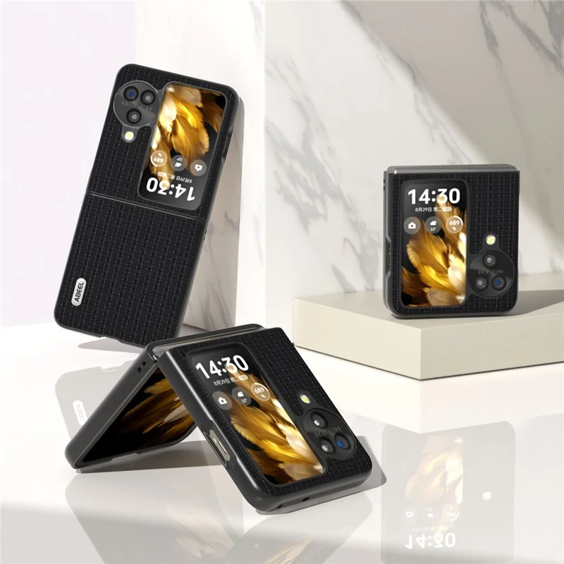 ABEEL For Oppo Find N3 Flip 5G Luxury Texture Phone Cover Genuine Cow Leather Coated PC Non-Slip Case - Black