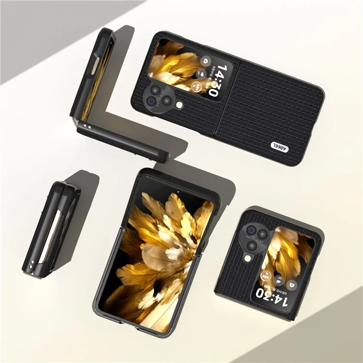 ABEEL For Oppo Find N3 Flip 5G Luxury Texture Phone Cover Genuine Cow Leather Coated PC Non-Slip Case - Black