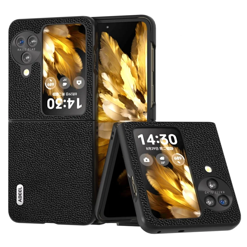 ABEEL Pour Oppo Find N3 Flip 5G Coque de Téléphone en Cuir de Vache Véritable Texture Litchi + PC Antichoc - Noir