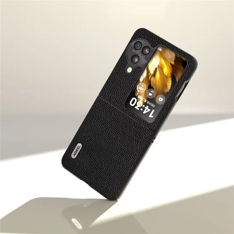 ABEEL Pour Oppo Find N3 Flip 5G Coque de Téléphone en Cuir de Vache Véritable Texture Litchi + PC Antichoc - Noir