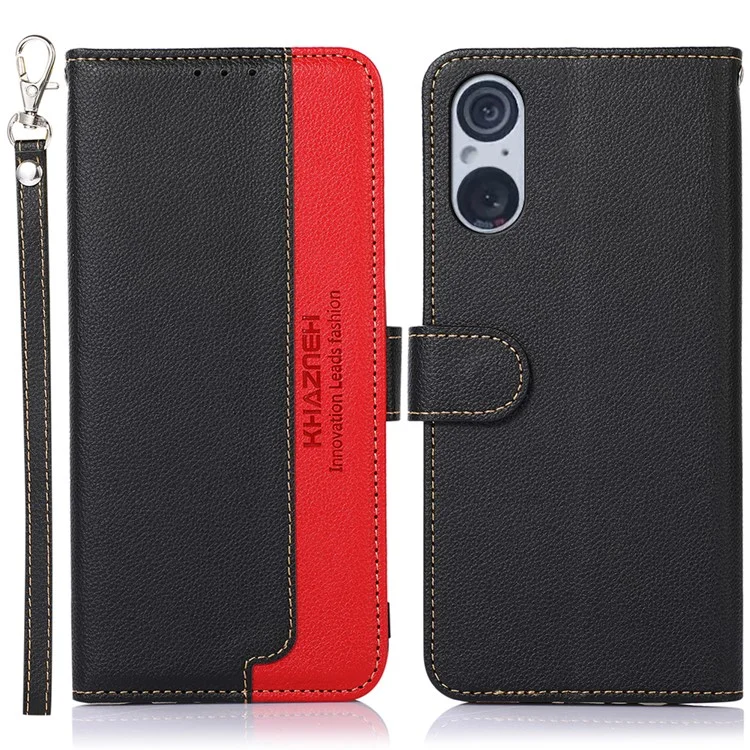KHAZNEH RFID Blocking Case for Sony Xperia 5 V , Litchi Texture Phone Shell Wallet Stand Leather Cover - Black