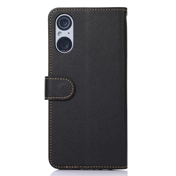 KHAZNEH RFID Blocking Case for Sony Xperia 5 V , Litchi Texture Phone Shell Wallet Stand Leather Cover - Black