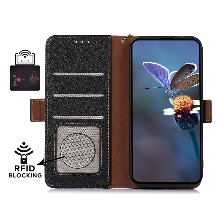 RFID Blocking Shell for Sony Xperia 5 V , Litchi Texture Genuine Cow Leather Phone Case Wallet Stand Cover - Black