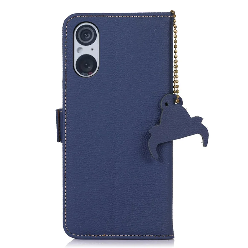 RFID Blocking Shell for Sony Xperia 5 V , Litchi Texture Genuine Cow Leather Phone Case Wallet Stand Cover - Sapphire