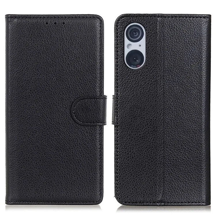 For Sony Xperia 5 V Litchi Texture Wallet PU Leather Case Folding Stand Phone Cover - Black