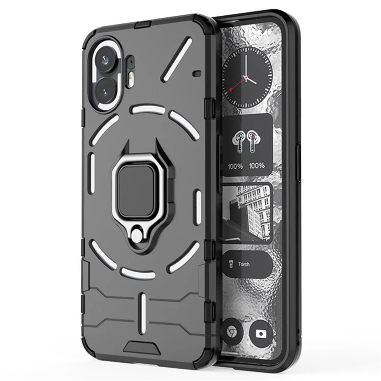For Nothing Phone (2) Hard PC + Soft TPU Phone Back Cover Rotatable Ring Holder Kickstand Phone Case - Black