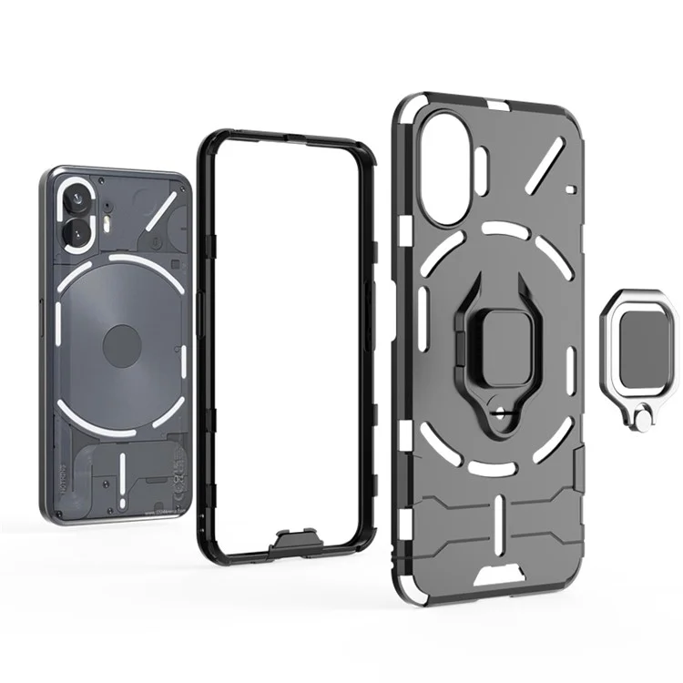For Nothing Phone (2) Hard PC + Soft TPU Phone Back Cover Rotatable Ring Holder Kickstand Phone Case - Black