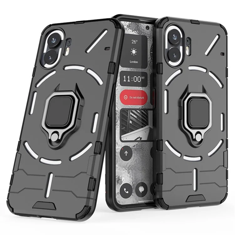 For Nothing Phone (2) Hard PC + Soft TPU Phone Back Cover Rotatable Ring Holder Kickstand Phone Case - Black
