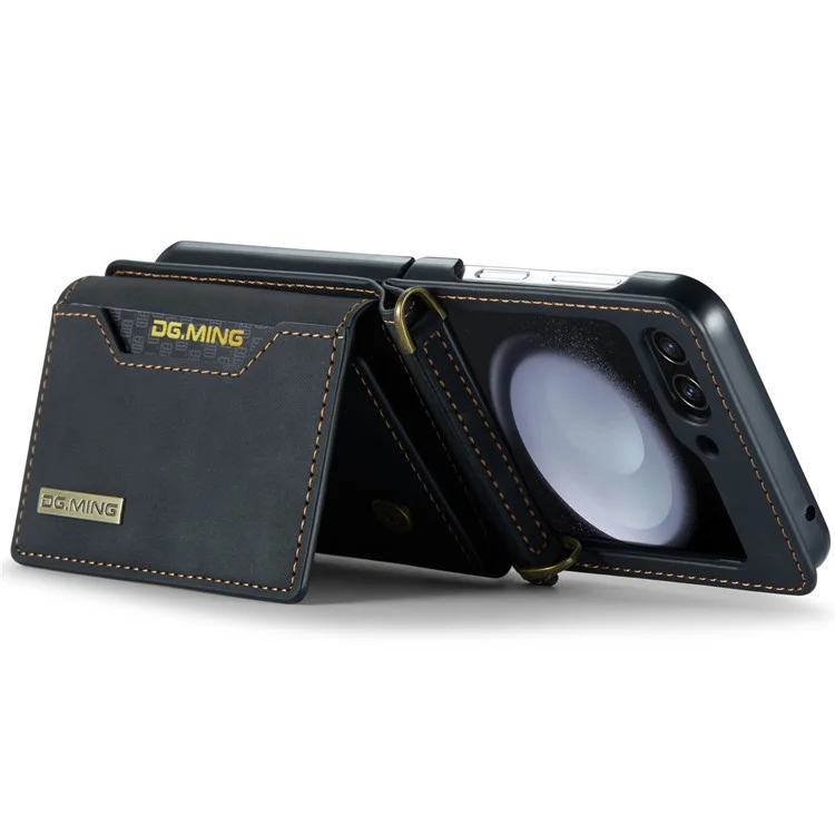 DG.MING M2 Series pour Samsung Galaxy Z Flip5 5G Étui en cuir enduit +PC Coque de téléphone Support magnétique Support de carte - Noir