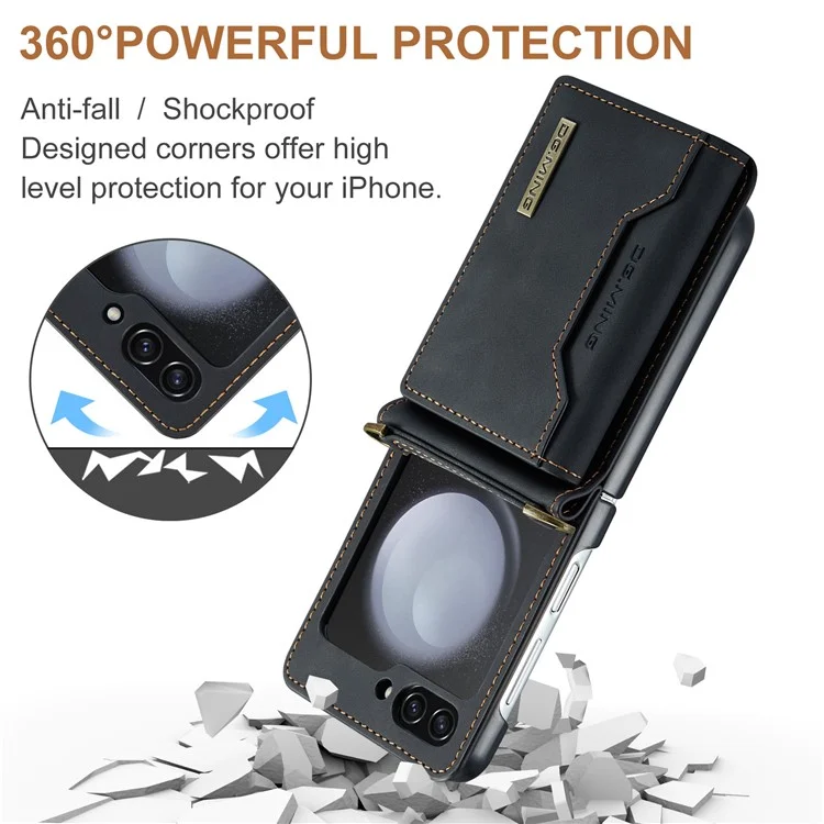 DG.MING M2 Series pour Samsung Galaxy Z Flip5 5G Étui en cuir enduit +PC Coque de téléphone Support magnétique Support de carte - Noir