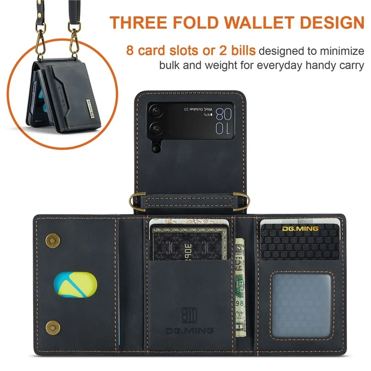 DG.MING M2 Série pour Samsung Galaxy Z Flip3 5G Étui portefeuille détachable 2 en 1 en cuir + PC avec support magnétique - Noir