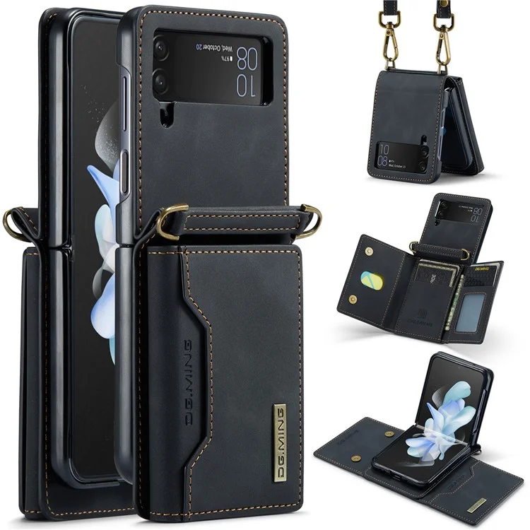 DG.MING M2 Series for Samsung Galaxy Z Flip4 5G Magnetic Leather+PC Phone Case Kickstand Wallet Cover with Shoulder Strap - Black