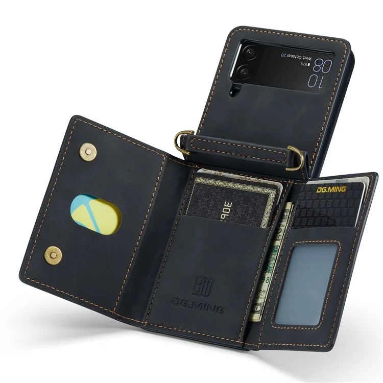 DG.MING M2 Series for Samsung Galaxy Z Flip4 5G Magnetic Leather+PC Phone Case Kickstand Wallet Cover with Shoulder Strap - Black