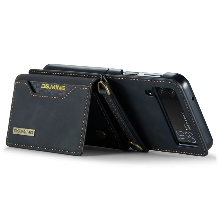 DG.MING M2 Series for Samsung Galaxy Z Flip4 5G Magnetic Leather+PC Phone Case Kickstand Wallet Cover with Shoulder Strap - Black