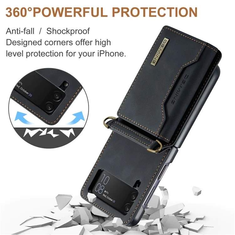 DG.MING M2 Series for Samsung Galaxy Z Flip4 5G Magnetic Leather+PC Phone Case Kickstand Wallet Cover with Shoulder Strap - Black