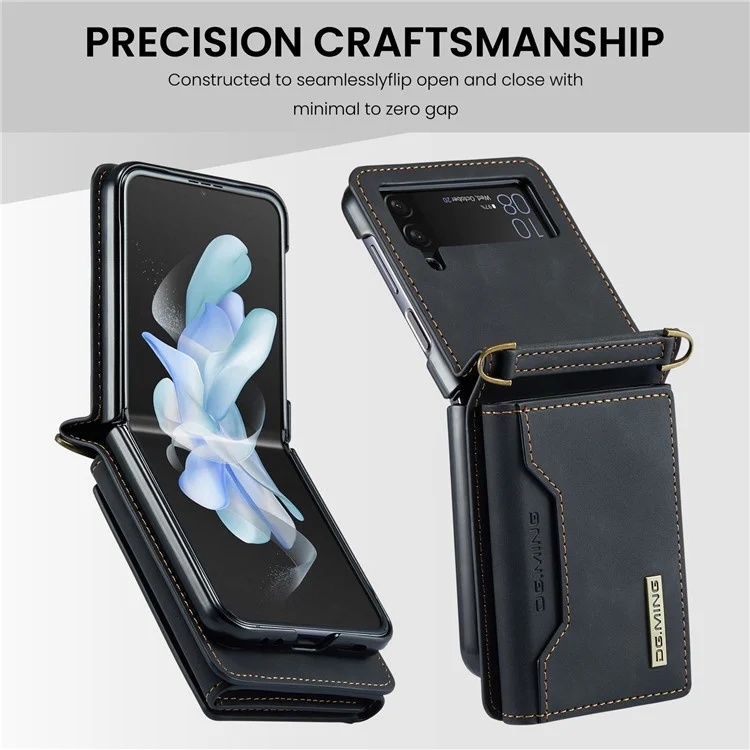 DG.MING M2 Series for Samsung Galaxy Z Flip4 5G Magnetic Leather+PC Phone Case Kickstand Wallet Cover with Shoulder Strap - Black