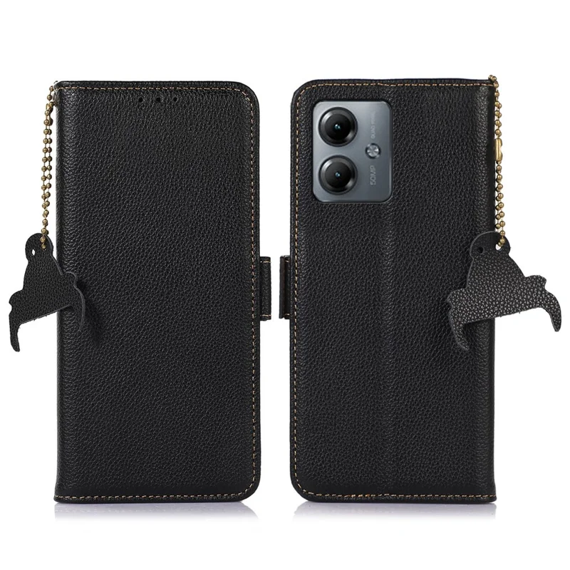 Для Motorola Moto G14 4G Litchi Texture Genuine Cow Leather Phone Case RFID Blocking Wallet Stand Cover - Black