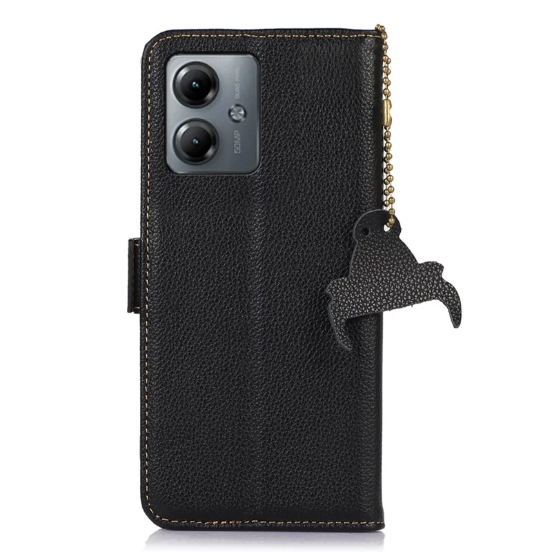 Для Motorola Moto G14 4G Litchi Texture Genuine Cow Leather Phone Case RFID Blocking Wallet Stand Cover - Black