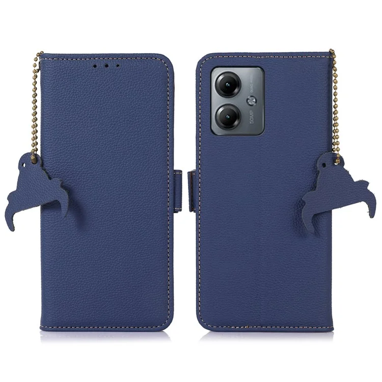 Para Motorola Moto G14 4G Litchi Texture Genuine Cow Leather Phone Case RFID Blocking Wallet Stand Cover - Zafiro