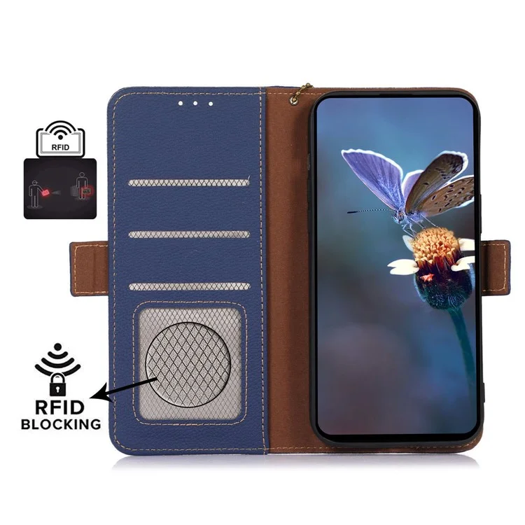 Para Motorola Moto G14 4G Litchi Texture Genuine Cow Leather Phone Case RFID Blocking Wallet Stand Cover - Zafiro