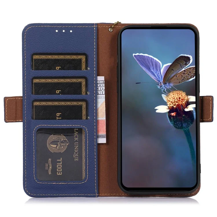 Para Motorola Moto G14 4G Litchi Texture Genuine Cow Leather Phone Case RFID Blocking Wallet Stand Cover - Zafiro