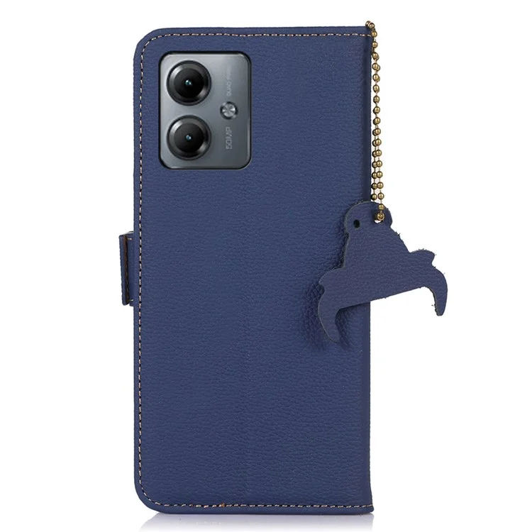 Para Motorola Moto G14 4G Litchi Texture Genuine Cow Leather Phone Case RFID Blocking Wallet Stand Cover - Zafiro