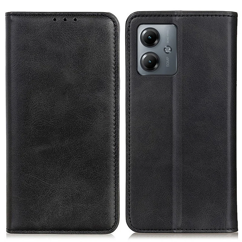 Per Motorola Moto G14 4G Anti-drop Phone Case Cowhide Texture Split Leather Wallet Stand Shell - Black