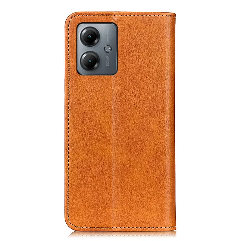 For Motorola Moto G14 4G Anti-drop Phone Case Cowhide Texture Split Leather Wallet Stand Shell - Brown