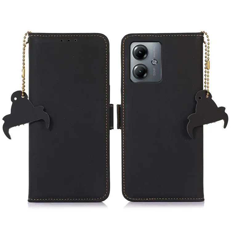 Para Motorola Moto G14 4G RFID Blocking Genuine Cow Leather Case Silky Feeling Flip Stand Wallet Phone Cover - Negro