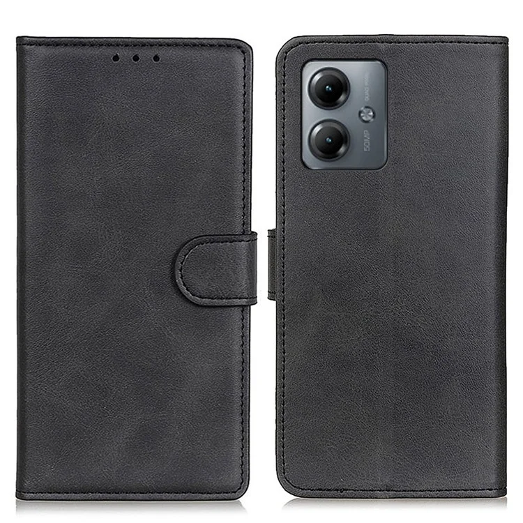For Motorola Moto G14 4G Shockproof Leather Phone Case Cowhide Texture Wallet Stand Cover - Black