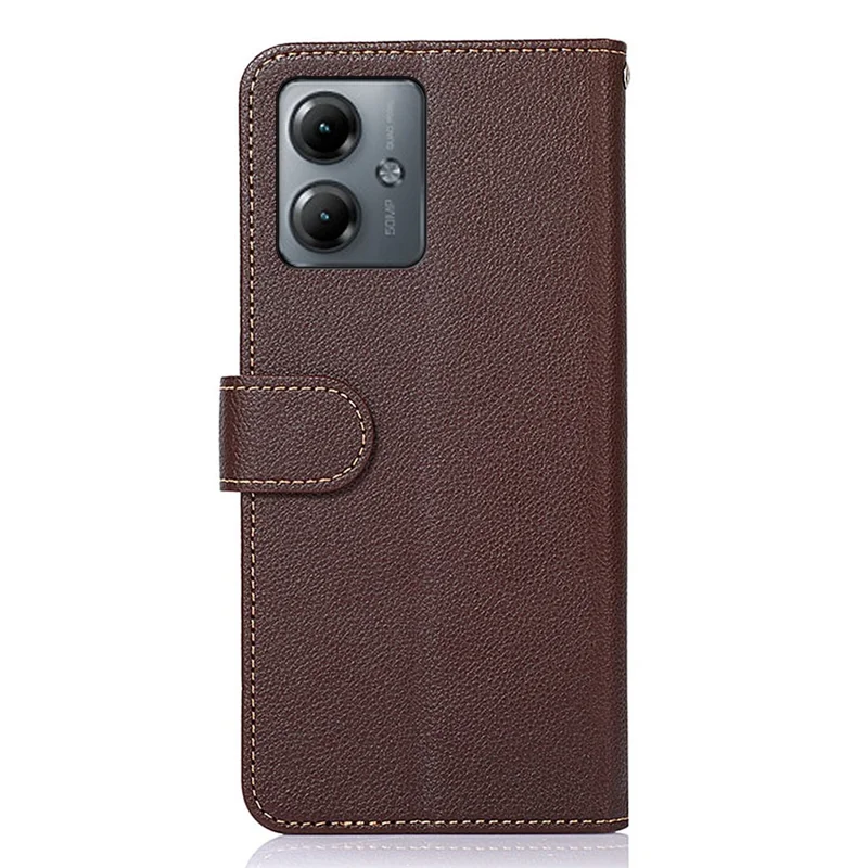 KHAZNEH til Motorola Moto G14 4G Litchi-struktur Telefonbeskyttelse med RFID-blokerende Wallet Ståfunktion Læderdæksel - Brun