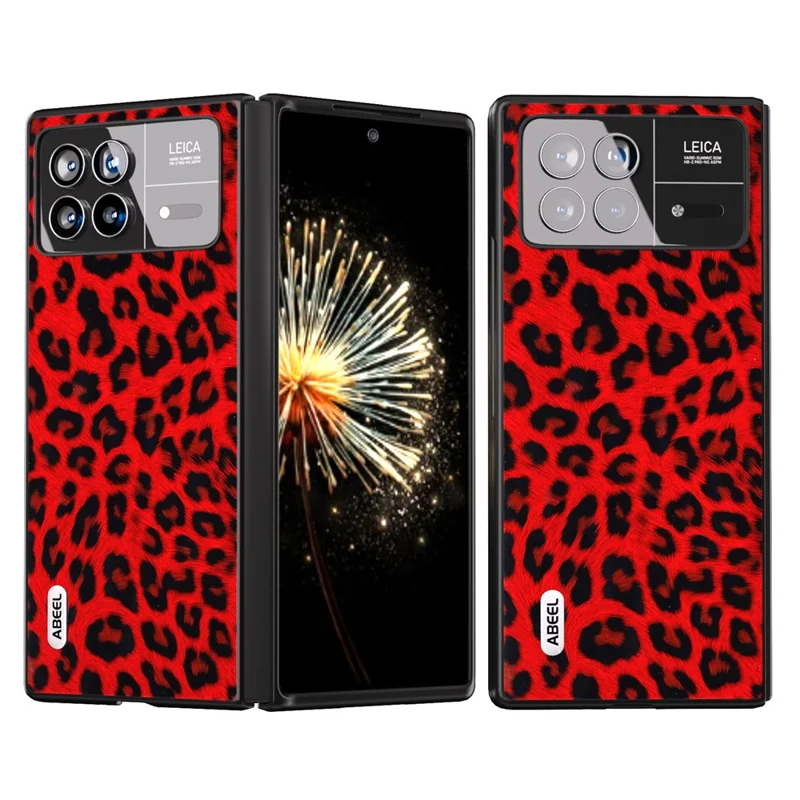 ABEEL For Xiaomi Mix Fold 3 5G PU Leather+PC Back Cover Leopard Pattern Protective Shell Phone Case - Red