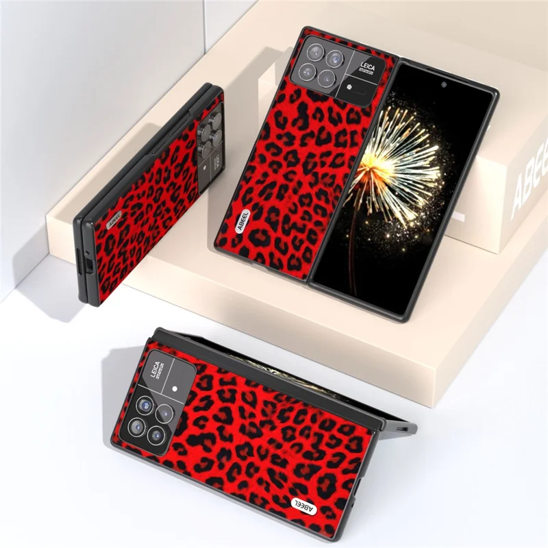 ABEEL For Xiaomi Mix Fold 3 5G PU Leather+PC Back Cover Leopard Pattern Protective Shell Phone Case - Red