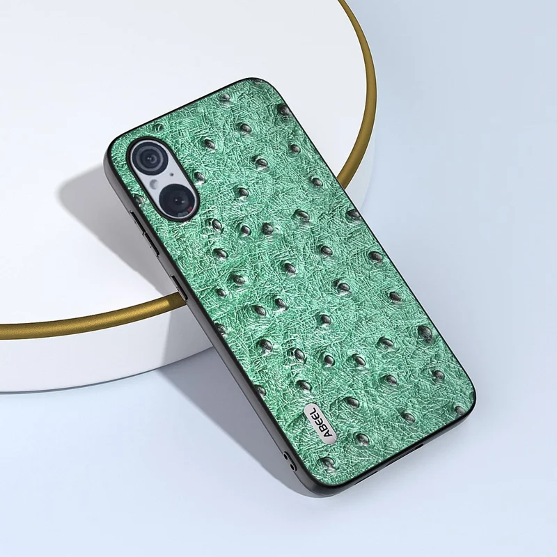 ABEEL For Sony Xperia 5 V Ostrich Texture Phone Cover Genuine Cow Leather Coated PC+TPU Hybrid Protective Case - Green