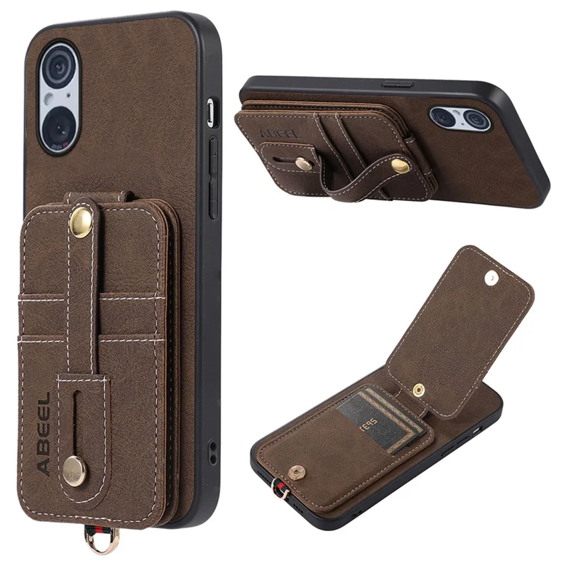 ABEEL Style 02 For Sony Xperia 5 V Vertical Flip Card Slots Kickstand Case Litchi Texture PU+TPU+PC Anti-scratch Phone Cover - Khaki