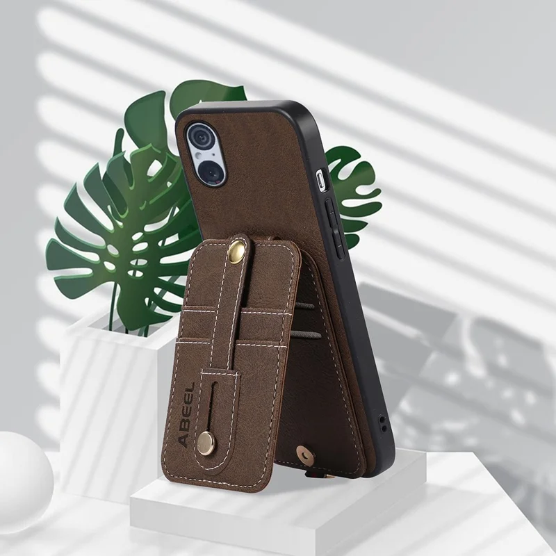 ABEEL Style 02 For Sony Xperia 5 V Vertical Flip Card Slots Kickstand Case Litchi Texture PU+TPU+PC Anti-scratch Phone Cover - Khaki