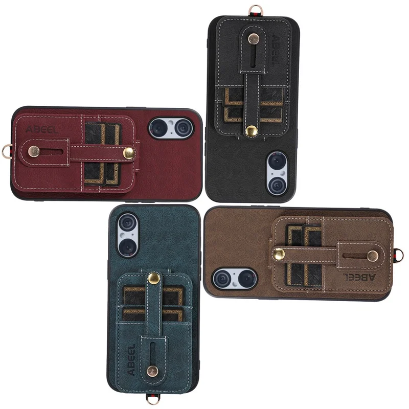 ABEEL Style 02 For Sony Xperia 5 V Vertical Flip Card Slots Kickstand Case Litchi Texture PU+TPU+PC Anti-scratch Phone Cover - Khaki