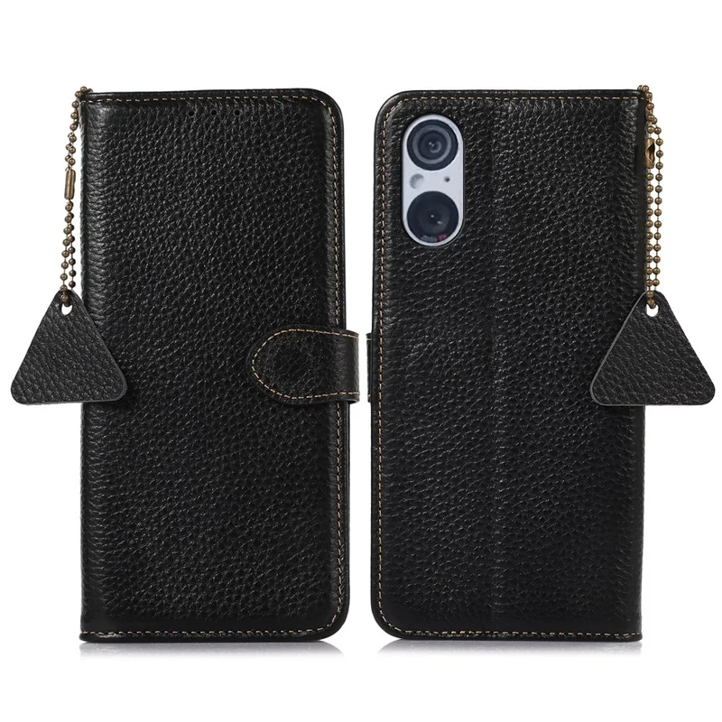 Per Sony Xperia 5 V RFID Blocking Phone Shell Cover Litchi Texture Stand Wallet Genuine Cow Leather Case - Black