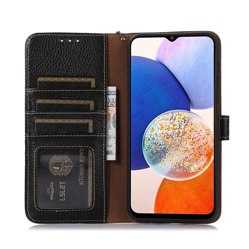 Per Sony Xperia 5 V RFID Blocking Phone Shell Cover Litchi Texture Stand Wallet Genuine Cow Leather Case - Black
