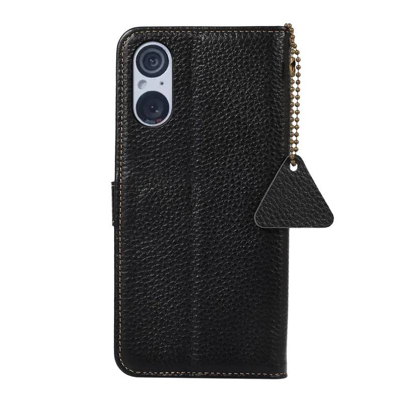Per Sony Xperia 5 V RFID Blocking Phone Shell Cover Litchi Texture Stand Wallet Genuine Cow Leather Case - Black