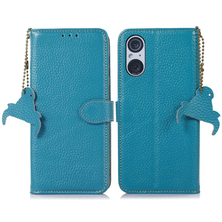 Para Sony Xperia 5 V RFID Blocking Phone Shell Cover Litchi Texture Stand Wallet Genuine Cow Leather Case - Blue