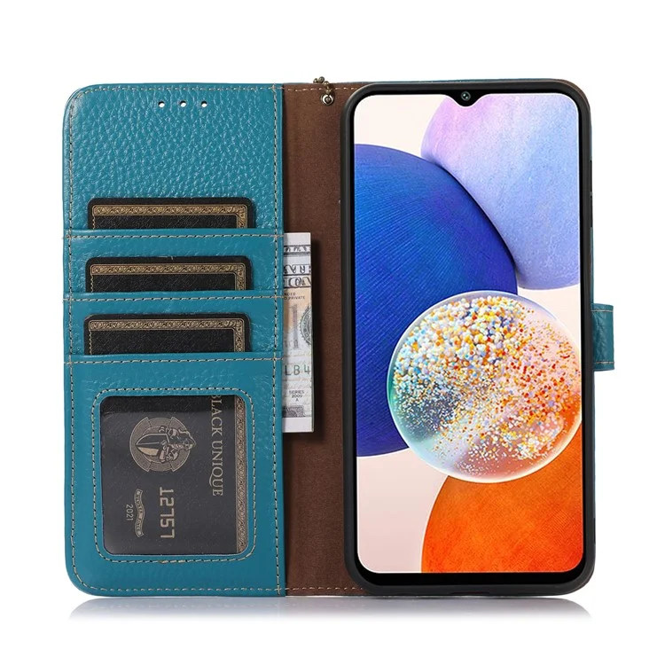Para Sony Xperia 5 V RFID Blocking Phone Shell Cover Litchi Texture Stand Wallet Genuine Cow Leather Case - Blue